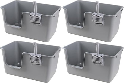 4 Packs Large Cat Litter Box with High Sides, Grey Open Top Cat Litter Basin