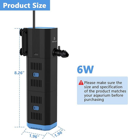 Aquarium Filter for 10-50 Gallon Tank,132GPH Fish Tank Filter 6W Green Clean Machine Submersible Pump Filter for Green Water and Algae Clean,Submersible Internal Filter for Saltwater Freshwater