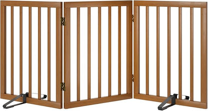 Freestanding Pet Gate Foldable Dog Gate (55 inches Wide) Walnut Bamboo Dog Gates for Stairs Doorways House (2 Support Feet Included)