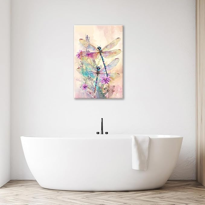 Dragonfly Bathroom Pictures Wall Art, Floral Bathroom Wall Decor, Framed Painting Canvas Artwork for Bedroom Living Room Decorations 24"L x 16"W