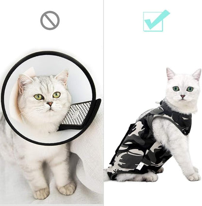 DOTON Cat Recovery Suit for Male and Female Surgical Post Surgery Soft Cone Onesie Shirt Clothes Neuter Licking Protective Diapers Outfit Cover Kitten Spay Collar(L, Camouflage)