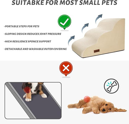 3-Step Dog Ramp and Stairs for Sofa and Chair - Non-Slip Sturdy Pet Steps for Small Dogs and Cats,15.7" H,Beige