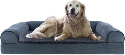 Furhaven Cooling Gel Dog Bed for Large Dogs w/ Removable Bolsters & Washable Cover, For Dogs Up to 95 lbs - Sherpa & Chenille Sofa - Orion Blue, Jumbo/XL