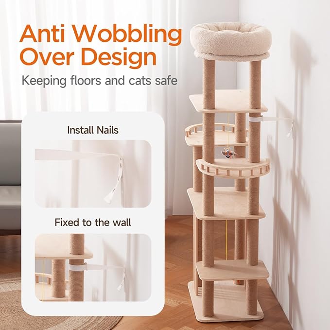 68" Large Cat Tree, Solid Wood Multi-Level Cat Tower with Scratching Posts, Fun Toys, and Washable Plush Platform for Indoor Cats