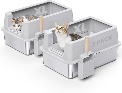 2 Pack Stainless Steel Cat Litter Box - Enclosed XL Metal Kitty Litter Box with Lid for Big Cats, High Sided, Anti-Leakage, Easy Cleaning, Non-Sticky, Included Cat Litter Spoon