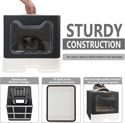 Foldable Cat Litter Box with Lid, Enclosed Potty, Large Top Entry Anti-Splashing Toilet, Easy to Clean Including Litter Scoop and 2-in-1 Cleaning Brush (Black)