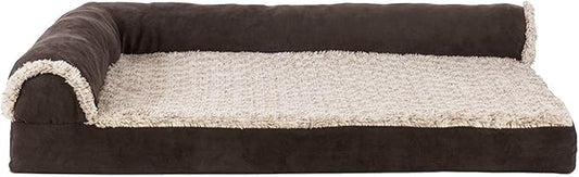 Furhaven Cooling Gel Dog Bed for Medium/Small Dogs w/ Removable Bolsters & Washable Cover, For Dogs Up to 35 lbs - Two-Tone Plush Faux Fur & Suede L Shaped Chaise - Espresso, Medium