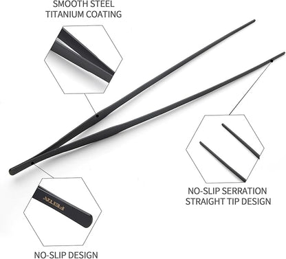 Aquarium Tweezers Extra Long 15 inches Feed Tong Clamps - FEITA Straight and Curved Stainless Steel 38cm Tweezers Set for Fish Tank Plants Aquascape Tools & Reptile Feeding Tongs - Black 2Pcs