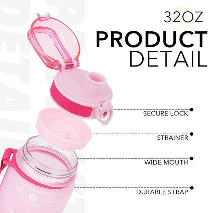 32oz Motivational Water Bottles with Time Marker & Fruit Strainer, Transparent Gradient Color Water Bottle with Times to Drink, Leakproof & BPA Free, Reusable Bottle with Strap (No Straw)