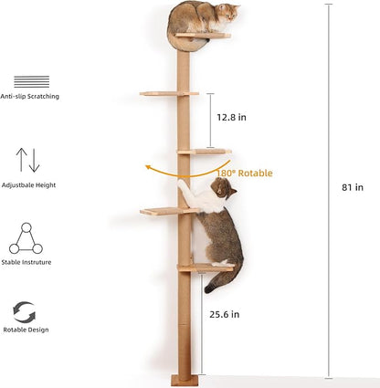 5 Tier Floor to Ceiling Cat Tree Tower with Wall-Mounted Scratching Post, Playful Wall Climbing Shelves for Cats, Ideal for Kittens to Climb, Scratch, and Lookout, Wild Simulation Design