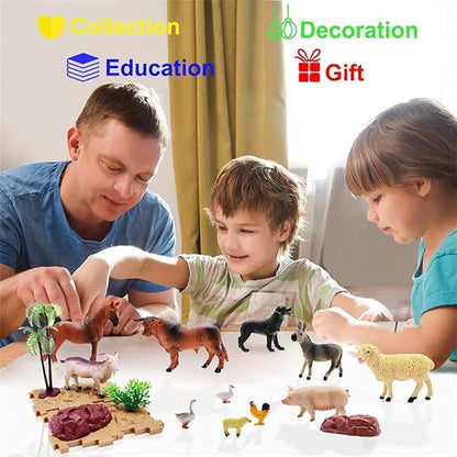 Farm Animal Figurines, Realistic Plastic Animals Toys with Fences Building Blocks, Farm Figures Playset Educational Birthday Gift for Kids & Toddlers, 53 PCS