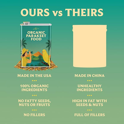 100% Organic Parakeet Food – Premium Bird Seed Mix with Oat Groats, Buckwheat, Amaranth, Super Veggies & Seeds – Reusable Tin + Stainless-Steel Scooper – Made in USA, Human Grade Ingredients (2lb)