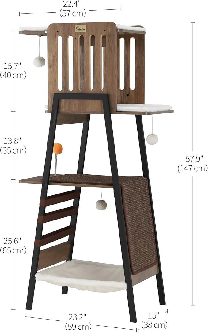 FourFurPets Modern Cat Tree, 58-Inch Cat Tower for Large Cats, Maine Coon Cat Tree with Scratching Board, Large Perch, Hammock and Removable Pads, Greige