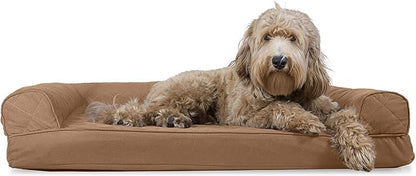 Furhaven Cooling Gel Dog Bed for Large/Medium Dogs w/ Removable Bolsters & Washable Cover, For Dogs Up to 55 lbs - Quilted Sofa - Toasted Brown, Large