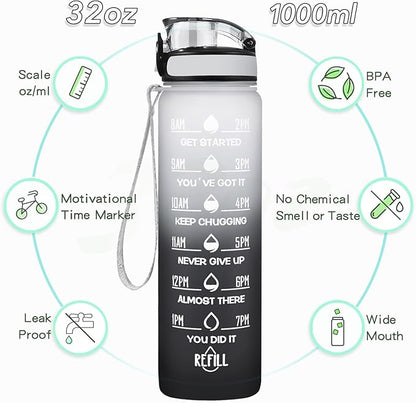 Enerbone Water Bottle, Leakproof BPA & Toxic Free, Motivational Water Bottle with Times to Drink and Straw, Fitness Sports Water Bottle with Strap for Office, Gym, Outdoor Sports