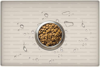 24" x 16" Dog Food Mat, Silicone Pet Mats for Food and Water, Nonslip Pet Feeding Mats for Floors, Dog Cat Bowl Mat with Raised Edges, Beige