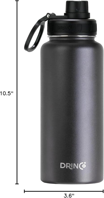 DRINCO Stainless Steel Water Bottle Spout Lid Vacuum Insulated Double Wall Water Bottle Wide Mouth (40oz 32oz 22oz 18oz 14oz) Leak Proof Keep Cold Sport Camping Hiking (32 oz, 32oz Black)