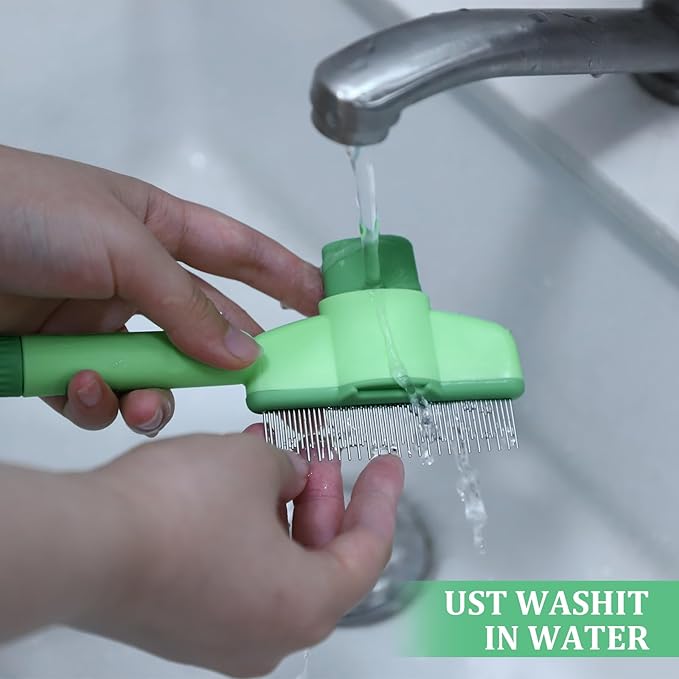 Flea Comb for Cats Dogs Brush for Shedding with Release Button Fine Tooth Pet Hair Removal Comb with Long & Short Stainless Steel Teeth for Deshedding Self-Cleaning Brush for Cat Dog Small Pets