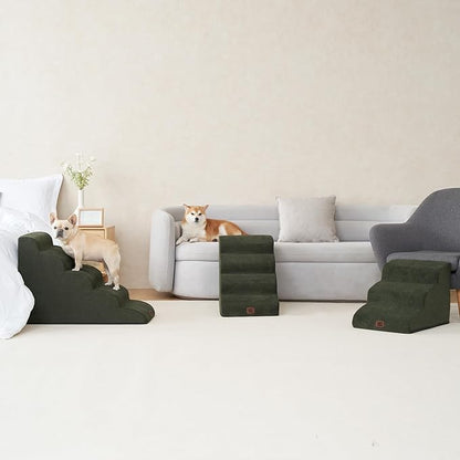 EHEYCIGA Curved Dog Stairs Ramp for High Beds 19.7" H, 4-Step Dog Steps for Small Dogs and Cats, Pet Stairs for High Bed Climbing, Non-Slip Balanced Pet Step Indoor, Olive Green
