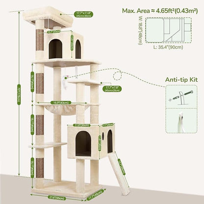 Globlazer Heavy Duty Cat Tree Tower, 70inch Sturdy Cat Tree for Indoor Cats Sturdy Large Cat Tower with Scratching Post and Scratching Board, Hammock, Cat Condo for Adult Cats Kittens, F70 Pro, Beige
