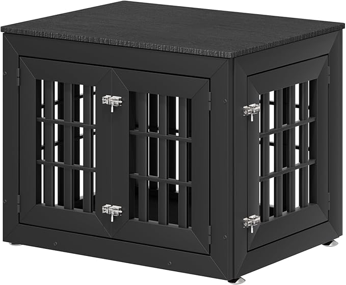 32" Heavy Duty Dog Crate Furniture for Small,Medium and Large Dogs,Rustic Wooden Dog Cage Kennel Indoor Furniture with Waterproof Top,Decorative Pet House Side End Table (Black)