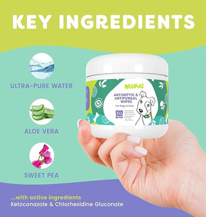 Antiseptic Wipes for Dogs Cats and Horses | Dog Chlorhexidine Wipes with Ketoconazole Dermatological Pads Hot Spots Itchy Paws Skin Rashes