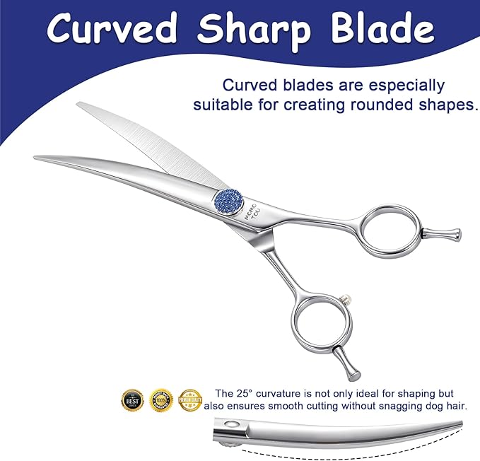 7'' Dog Grooming Scissors CNC 440C Blades Sharp and Durable Polished Curved Dog Shears with Blue Diamond Adustable Screws Easy to Use for Groomer and Home User