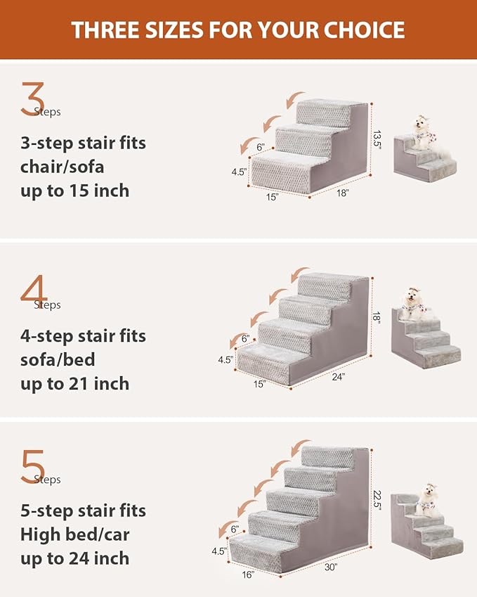 Dog Stairs for Small Dogs,13" H,3-Step Dog Steps for High Bed,Couch,Pet Stairs for Dogs and Cats Climbing with Non-Slip Bottom and Washable Cover,Light Grey