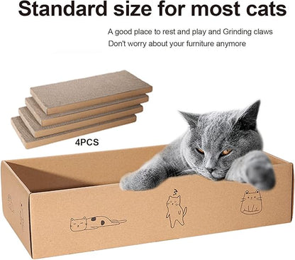 4 Packs in 1 Cat Scratch Pad with Box, Cat Scratcher Cardboard,Reversible,Durable Recyclable Cardboard, Suitable for Cats to Rest, Grind Claws and Play with Scratch Box