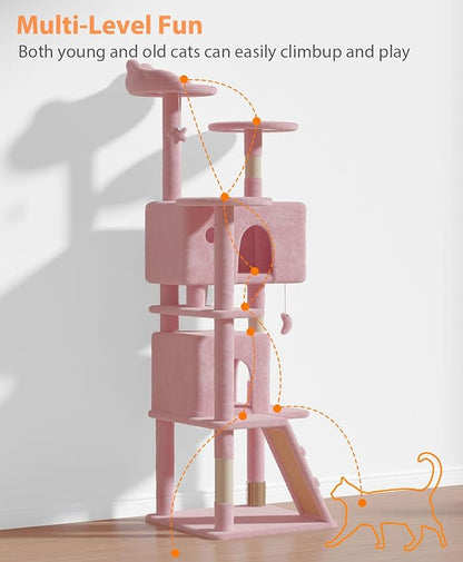 70'' Cat Tree Tower for Indoor Cats Large Adult,Cute/Tall Modern Cat Tree for Big Cats 20 lbs,Plush Multi-Level Cat Condo with Scratching Posts,Dangling Ball for Fun Play(Soft Pink, 70 inch)