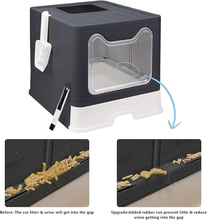 Foldable Cat Litter Box with Lid, Enclosed Potty, Large Top Entry Anti-Splashing Toilet, Easy to Clean Including Litter Scoop and 2-in-1 Cleaning Brush (Black)