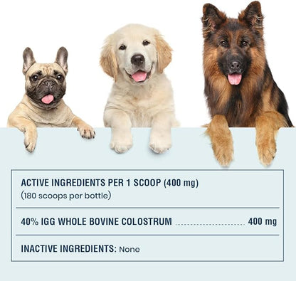 40% IgG Grass Fed Colostrum for Dogs, High IgG Third Party Tested, Immune Support, Skin & Gut Health, Seasonal Allergy & Itch Relief, Made in USA, 2.5 Oz
