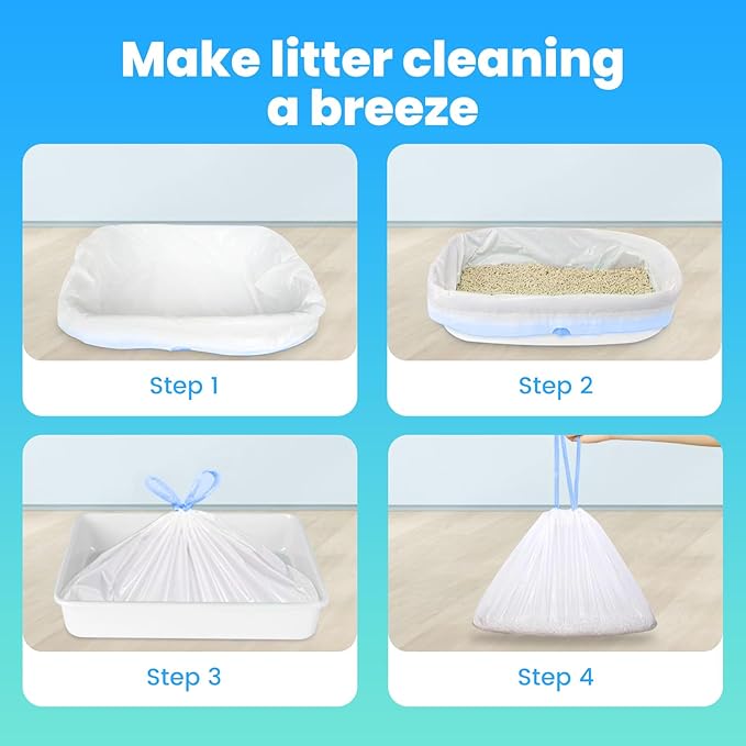 60 Pack Jumbo Cat Litter Bags - 3MIL Extra Thick Leakproof Litter Box Liners, 37"x18" Heavy Duty Drawstring Cat Litter Liners for Automatic Litter Box, Odor Control Disposable Kitty Litter Bags 6 Roll