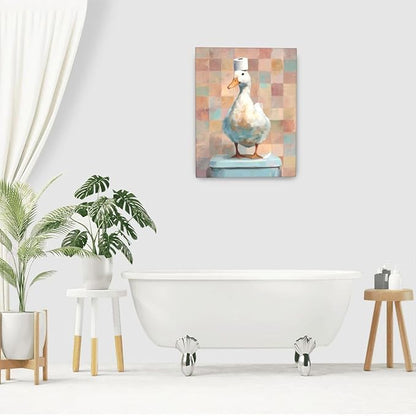 Funny Duck Bathroom Wall Art Cute Duck on Toilet Canvas Wall Decor Funny Quirky Farm Animal Pictures Painting Print Framed Artwork Decorations Gifts for Bathroom 16"x20"