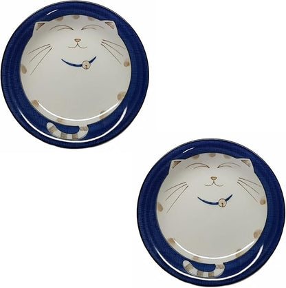 JapanBargain 2565, Set of 2 Japanese Round Porcelain Dinner Plates for Appertizer Dessert Cake Snack Maneki Neko Smiling Lucky Cat Pattern for Cat Lovers 7-3/4 inch, Made in Japan