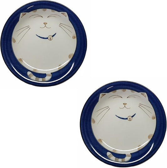 JapanBargain 2565, Set of 2 Japanese Round Porcelain Dinner Plates for Appertizer Dessert Cake Snack Maneki Neko Smiling Lucky Cat Pattern for Cat Lovers 7-3/4 inch, Made in Japan