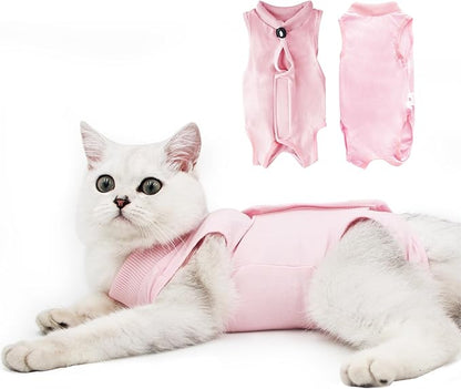 DOTON Cat Recovery Suit for Male and Female Surgical Post Surgery Soft Cone Onesie Shirt Clothes Neuter Licking Protective Diapers Outfit Cover Kitten Spay Collar(L, Pink)