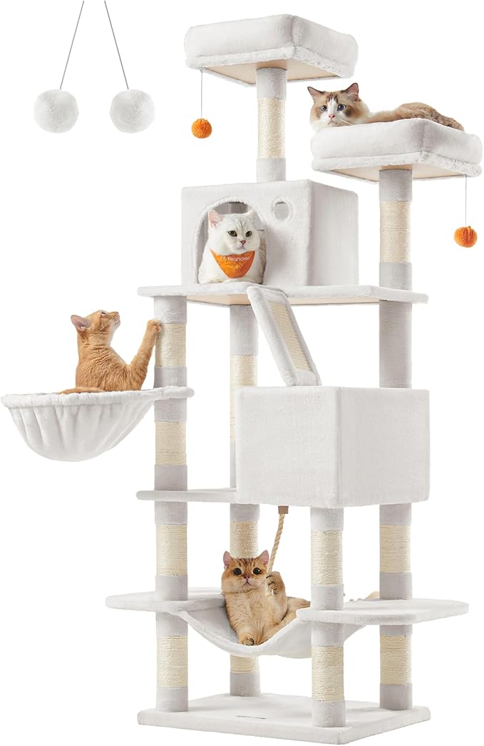 Feandrea Cat Tree, 66.1-Inch Large Cat Tower with 13 Scratching Posts, 2 Perches, 2 Caves, Basket, Hammock, Pompoms, Multi-Level Plush Cat Condo for Indoor Cats, Cream White UPCT165T01