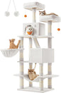 Feandrea Cat Tree, 66.1-Inch Large Cat Tower with 13 Scratching Posts, 2 Perches, 2 Caves, Basket, Hammock, Pompoms, Multi-Level Plush Cat Condo for Indoor Cats, Cream White UPCT165T01