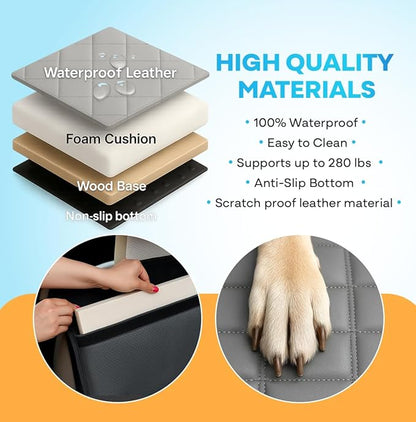 APetsPlanet Dog Car Seat Cover for Back Seat Hard Bottom - Waterproof Backseat Extender for Dogs - Pet Hammock Bed for Car, Truck, SUV with Mesh Window & Storage - Gray Leather, with Door Covers