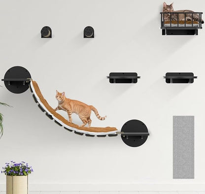 FURRY VIBES Cat Wall Shelves & Perches – 7-in-1 Cat Wall Furniture Set with Bed, Climbing Steps, Scratcher & Bridge Ladder – Black Bamboo Wall Cat Shelf for Indoor Cats