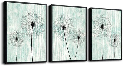 AHUASJART Black Framed Wall Art for Living Room Wall decor for Bedroom Room Decor light green background Pictures Dandelion Paintings posters kitchen Home Decorations 3 Piece Framed Prints Artworks