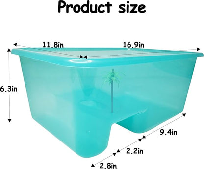Fhiny Turtle Tank with Lid, Plastic Reptile Terrarium Turtle Breeding Box with Basking Platform Tortoise Aquarium for Crayfish Hermit Crabs Geckos Lizards Habitat Prevent Escaping (Medium)