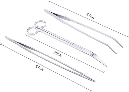 Aquarium Tweezer Set - FEITA Long Stainless Steel Curved & Straight Aquarium Feeding Tweezers Scissors Maintenance Tools Kit (3 Pcs)