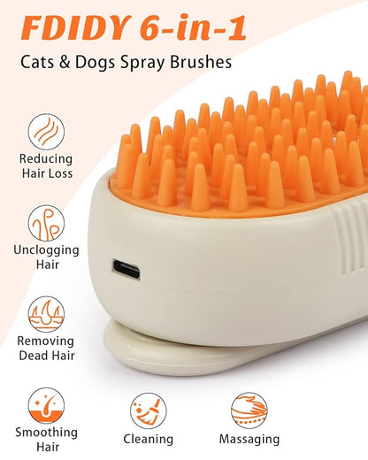 6 in 1 Cat Steam Brush for Shedding, Portable Anti-Static Grooming Comb for Cats & Dogs, Steam Misting Water Brush, Self-Cleaning Pet Hair Remover, Indoor Cat Spray Brushes for Cats & Dogs