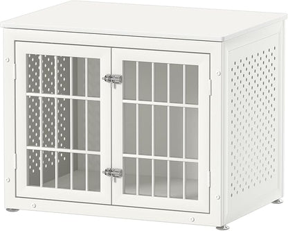 32" Heavy Duty Dog Crate Furniture for Small and Medium Dogs, Metal Kennel for High Anxiety Dogs, Chew Proof Pet Cage Indoor, Decorative Dog Kennel End Table, White