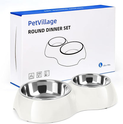 Elevated Dog Bowls Set - Non-Slip Raised Pet Feeder with Medium (10 oz) & Large (20 oz) Stainless Steel Bowls - Includes Durable Resin Stand for Puppies, Adult Dogs & Cats - White