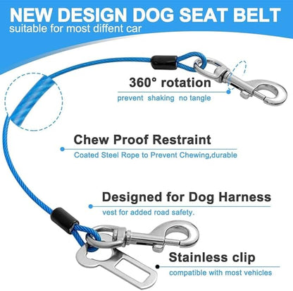 Dog Seat Belt Harness for Car,Dog Seatbelt of Coated Wire Leash Safety Restraint,No Chew Tether Cable Vehicle,Double Clips & Latch(Blue, 16 inch/40 CM)