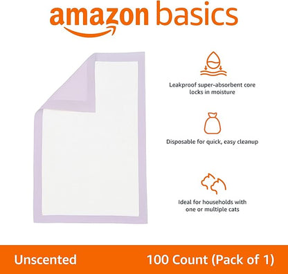 Amazon Basics Cat Pee Pads, 100 Count, Universal Fit for Litter Box, Odor Control, Unscented, White/Purple