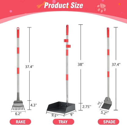 Dog Pooper Scooper Set, Pooper Scooper for Dog, Heavy Duty Stainless Steel Rake with Extra Large Tray & Spade No Bending Clean Up for Pet Waste Removal, for Grass, Dirt Or Gravel.